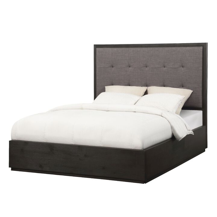 Jose Acacia Wood Tufted Platform Queen Bed with Storage, Dark Heather Gray - Benzara