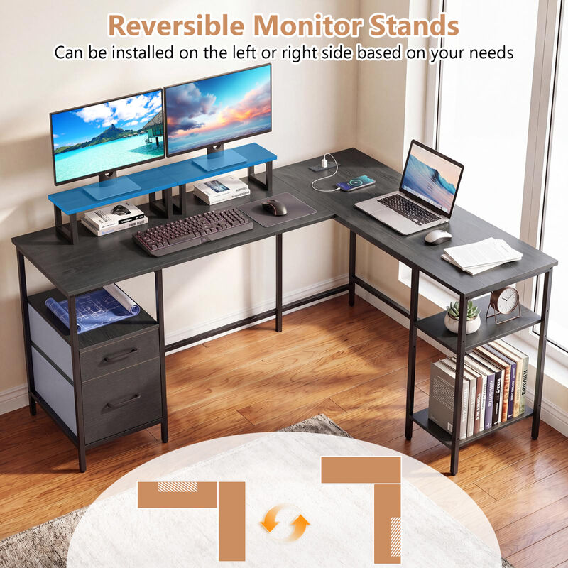 Reversible L Shaped Computer Desk with Power Outlet and Monitor Stands image number 5