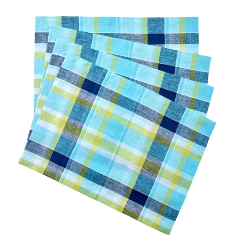 Solino Home 100% Pure Linen Placemats 14 x 19 Inch Set of 4 - Summer Madras Plaid