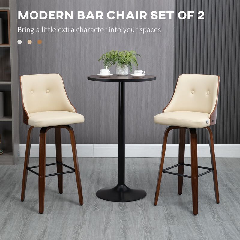 Bar Height Bar Stools, PU Leather Swivel Barstools with Footrest and Tufted Back, Set of 4, Beige