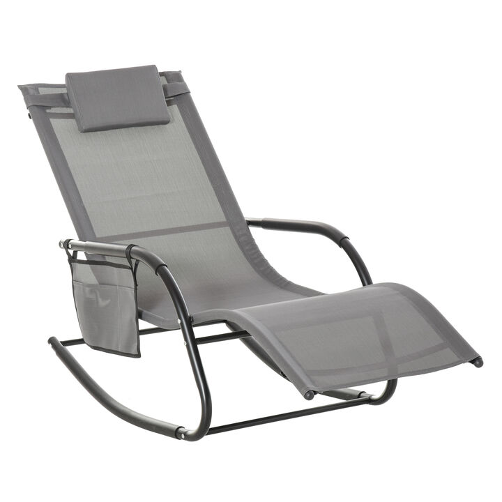 Outsunny Outdoor Rocking Chair, Chaise Lounge Pool Chair for Sun Tanning, Sunbathing, a Rocker with Side Pocket, Armrests & Pillow for Patio, Lawn, Beach, Gray