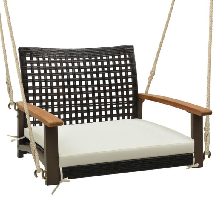 Hivvago Single Rattan Porch Swing with Armrests Cushion and Hanging Ropes-White