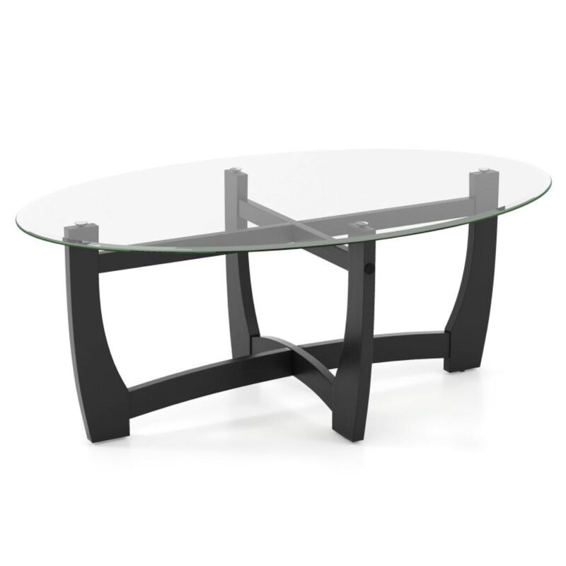 Hivvago Oval Coffee Table with Tempered Glass Tabletop and Rubber Wood Legs