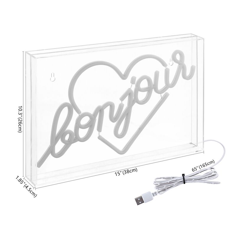 Bonjour Heart 15" X 10.3" Contemporary Glam Acrylic Box USB Operated LED Neon Light