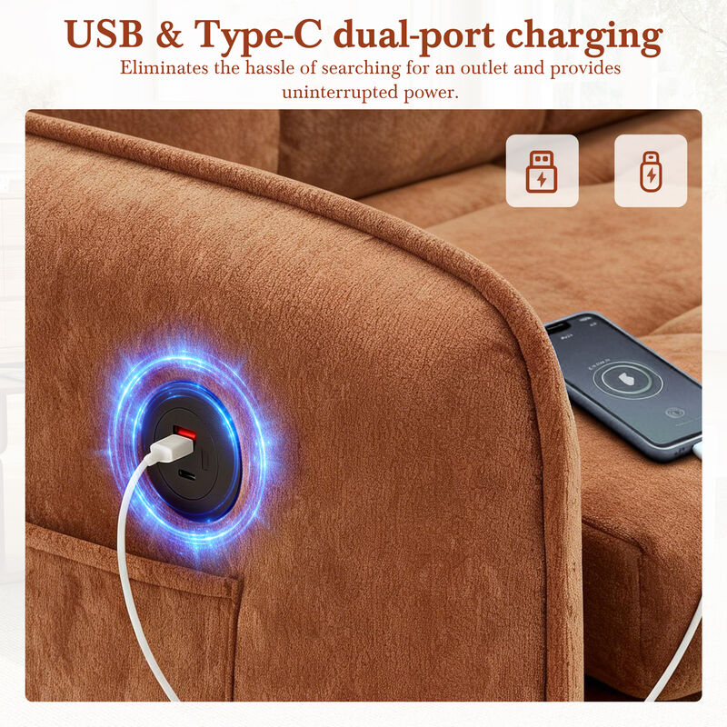 3-in-1 Sleeper Chair Chenille Sofa Bed, 80" Extra Long Pull Out Sleeping Lounge with USB Charging, Storage Pockets and Box image number 5