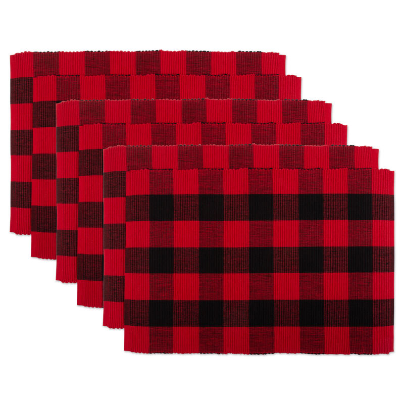 Set of 6 Red and Black Buffalo Rectangular Checkered Placemat  19"