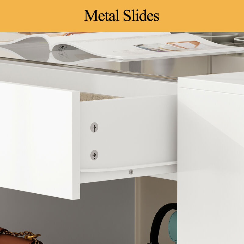 White 8-Drawers 47.2 in. Width Bedroom Dresser with Glass Top and Glass Drawers