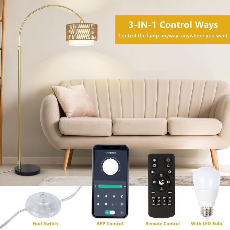 ELEMENT ACE Adjustable Height Arc Floor Lamp with Dimmable LED Bulb, Remote & Foot Switch Control, Rattan & Linen Shades, Tall Standing Lamp for Living Room Bedroom image number 5