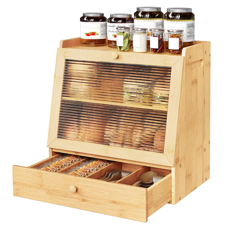 2-Tier Wicker Bread Box with Drawer for Kitchen Storage image number 3