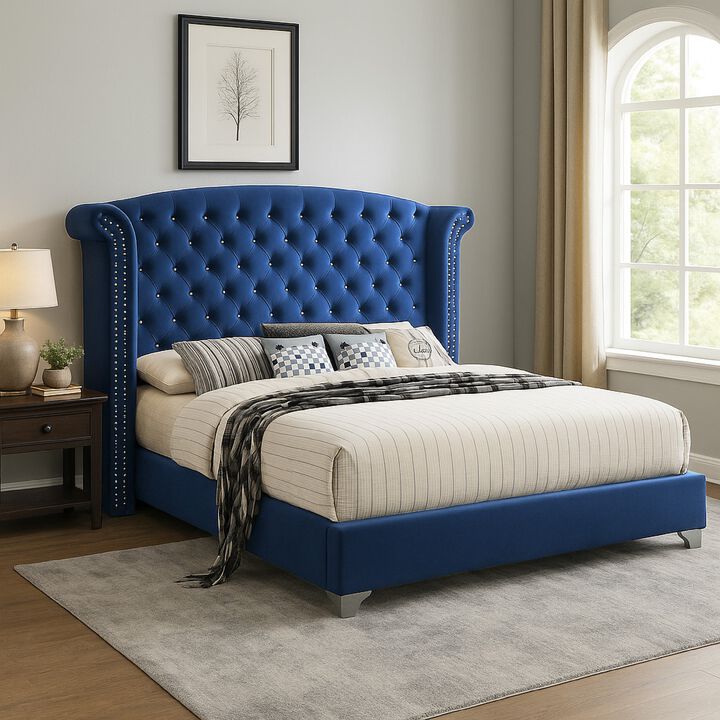 Giya Wingback Queen Bed, Tufted Headboard, Pacific Blue Velvet Upholstery