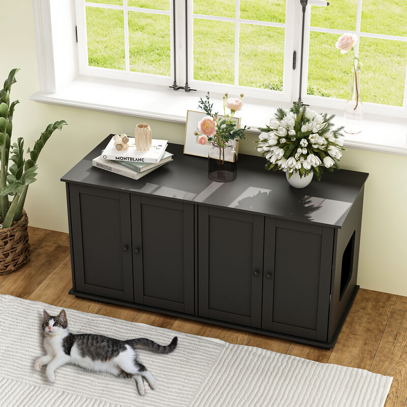 Cat Litter Box Enclosure for 2 Cats, Modern Hidden Litter Box Furniture, Indoor Cat Washroom Bench for Living Room Black