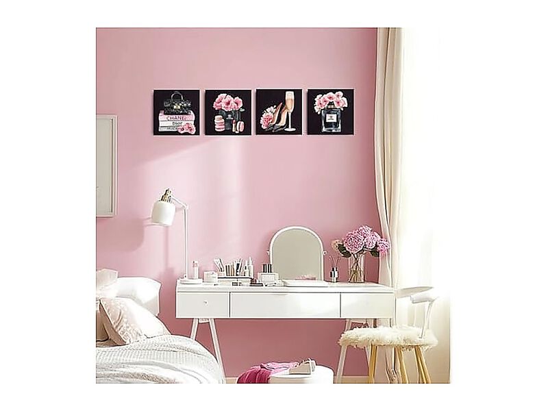 4 Pack Fashion Canvas Wall Art Pink Black Decor Aesthetic Framed Posters Women image number 3
