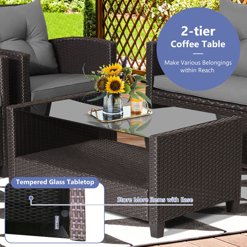 Outdoor 4-Piece Rattan Patio Furniture Set with Glass Coffee Table