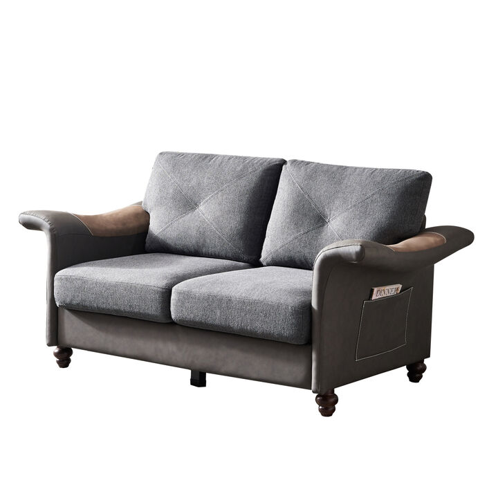 Living Room General Use Linen Fabric PU Leather with Wood Leg Loveseat (Dark Grey)