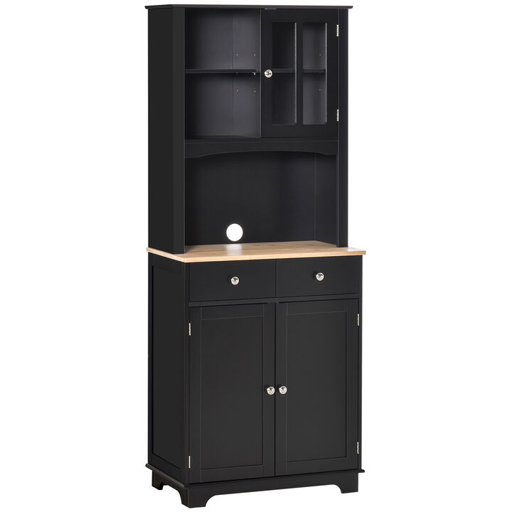 HOMCOM Freestanding 67" Kitchen Buffet with Hutch, Pantry Cabinet with Microwave Stand, Adjustable Shelf, 2 Drawers, Cupboard, Black