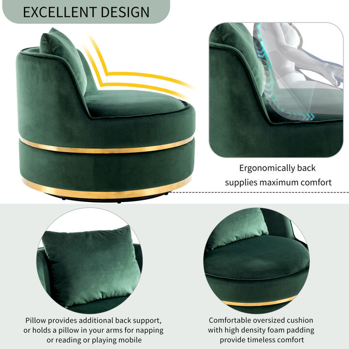 360 Degree Swivel Accent Chair Velvet Modern Upholstered Barrel Chair Oversized Soft Chair with Seat Cushion for Living Room, Bedroom, Office, Apartment, Green