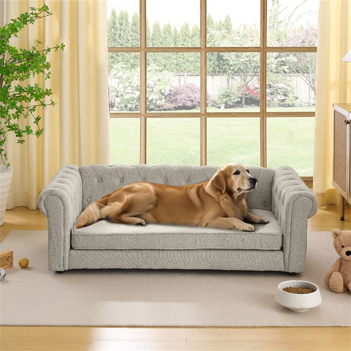 Elevated Dog Sofa Bed, 55 Inch Durable Linen Fabric Pet Couch for Big and Oversized Dogs