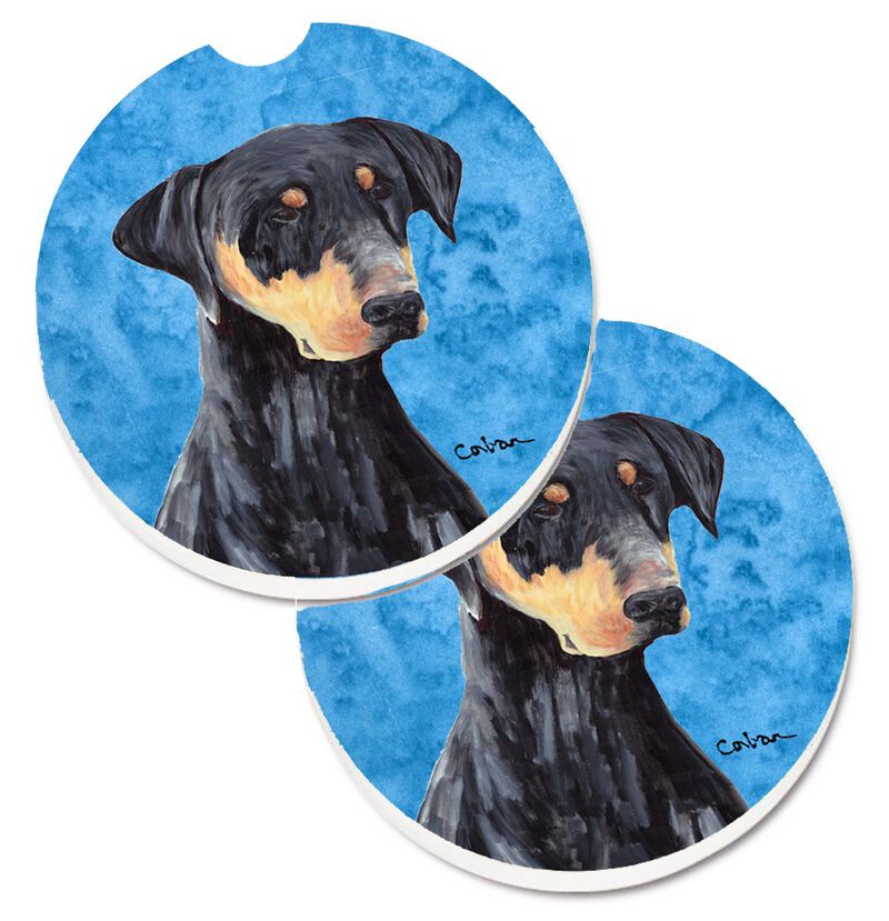 Caroline's Treasures Blue Doberman Set of 2 Cup Holder Car Coasters SC9126BUCARC, 2.56, Multicolor image number 0