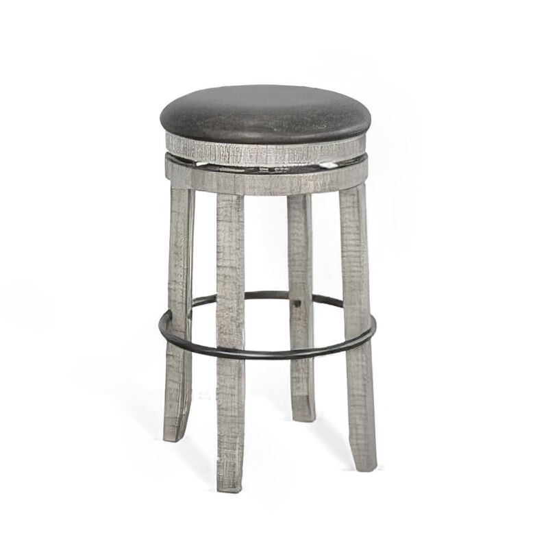 Zeka Swivel Barstool Set of 2, Gray Faux Leather and Mahogany Wood - Benzara