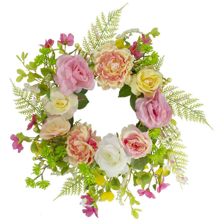Rose and Peony Artificial Floral Spring Wreath  Pink and Yellow - 22-Inch