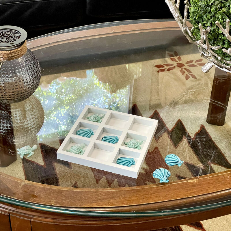 Coastal Shell & Sea Turtle Tic Tac Toe Table Accent Decor - 7 inch White Wood image number 1