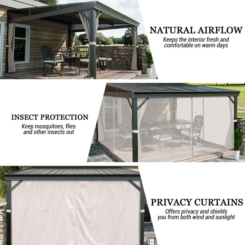 Mondawe Outdoor Wall-Mounted Hardtop Gazebo Aluminum Frame Galvanized Steel Roof Sunroom with Curtains and Netting