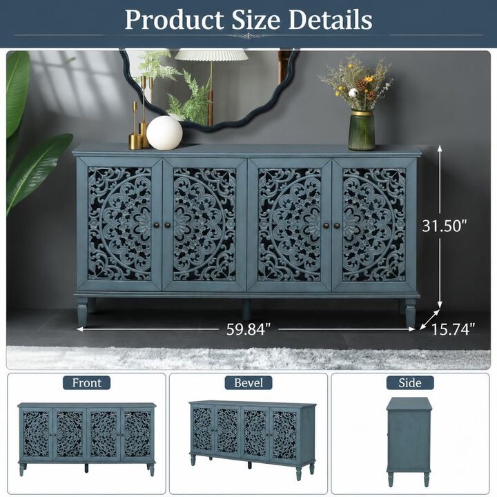 GOODSILO 60 Inch Antique Floral Carved Buffet Cabinet, Adjustable Shelves Multi-Functional TV Stand Sideboard Storage for Living Dining Room