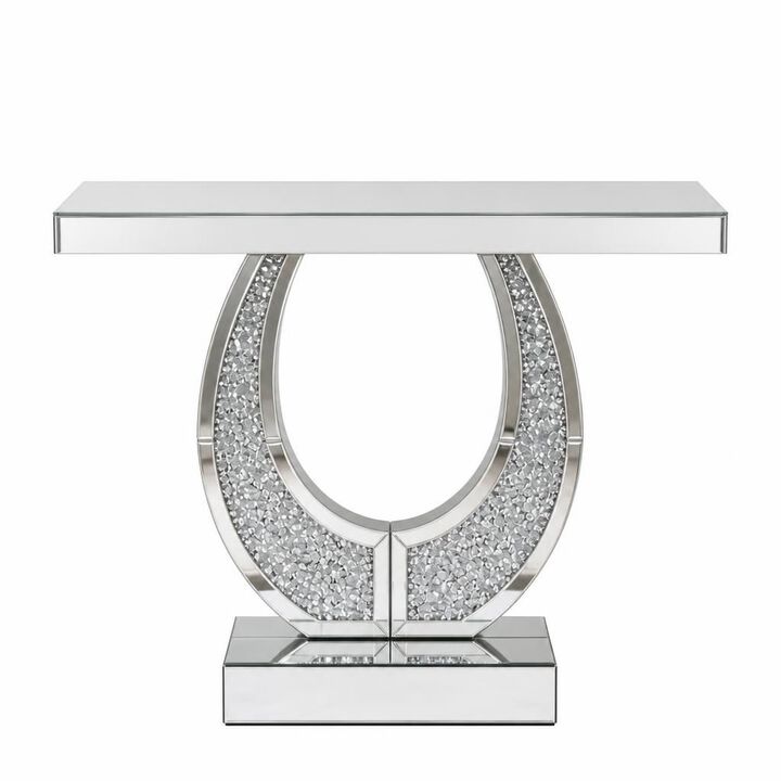 GOODSILO 45 Inch O-Shaped Mirrored Console Table with Crushed Diamond Inlay, Modern Silver Entryway Table for Hallway Living Room