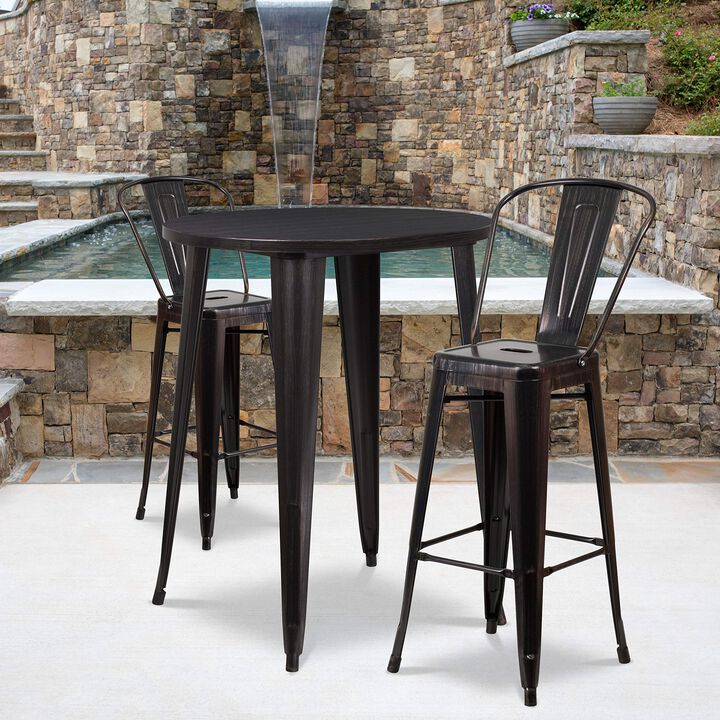 Flash Furniture Commercial Grade 30" Round Black-Antique Gold Metal Indoor-Outdoor Bar Table Set with 2 Cafe Stools
