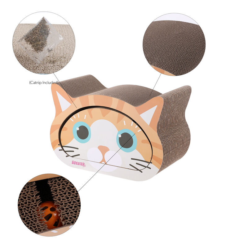 Opal 19" Modern Cardboard Happy Cat Head 2-in-1 Cat Cave Scratcher with Built-In Bell Toys and Catnip, Cream/Peach