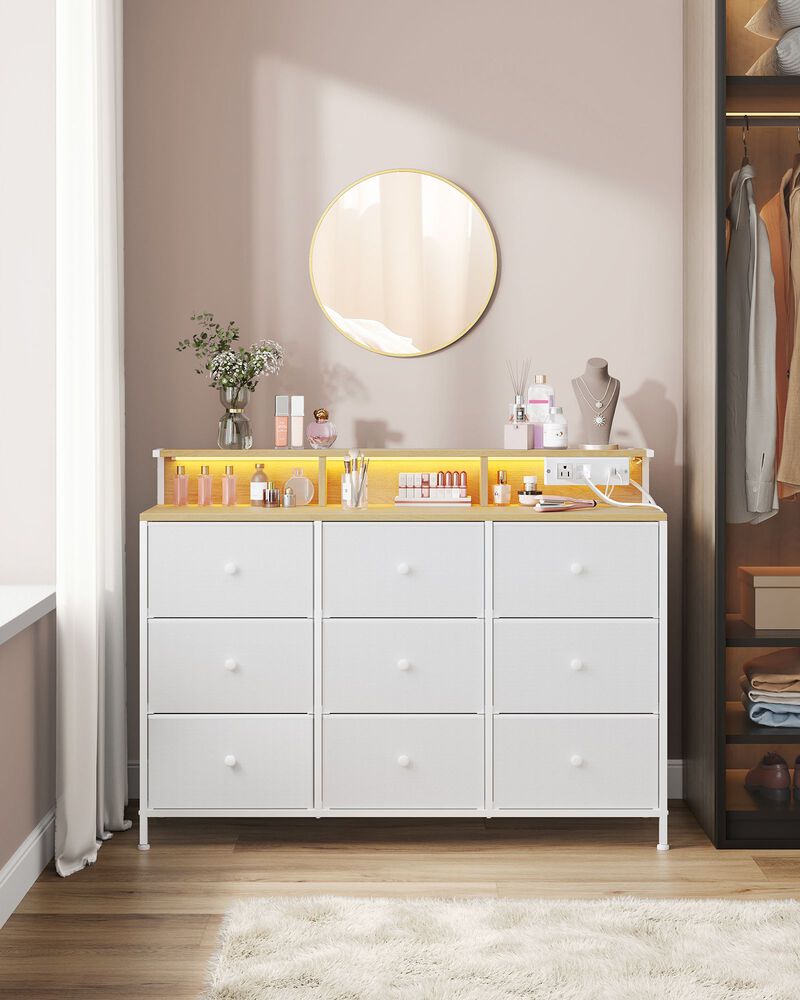 9-Drawer Fabric Storage Dresser with LED Lights &ndash; Organizer Unit for Bedroom, Entryway, or Dorm
