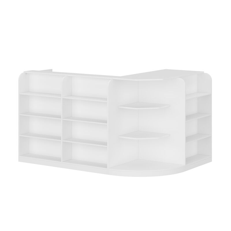 Large L-Shaped Reception Desk with 3 Drawers, 15 Open Shelves, Counter Top & Monitor Stand, Office Desk Reception Counter Table with File Cabinet, White (70.9&rdquo;L x 47.2&rdquo;D x 39.43&rdquo;H)