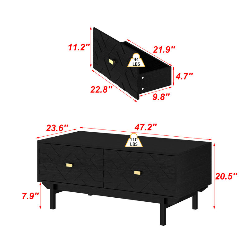 FUFU&GAGA Black Modern Coffee Table with 4-Drawer Storage, Wood Grain Top, 3D Textured Drawers, Gold Tapered Pulls (47.2" W x 23.6" D x 20.5" H)
