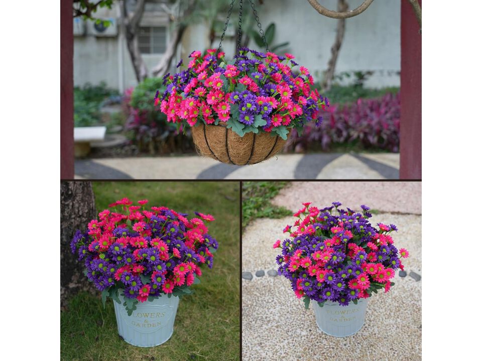 12 Bundle Purple Artificial Mum Flowers UV Resistant Outdoor Garden Porch Decor
