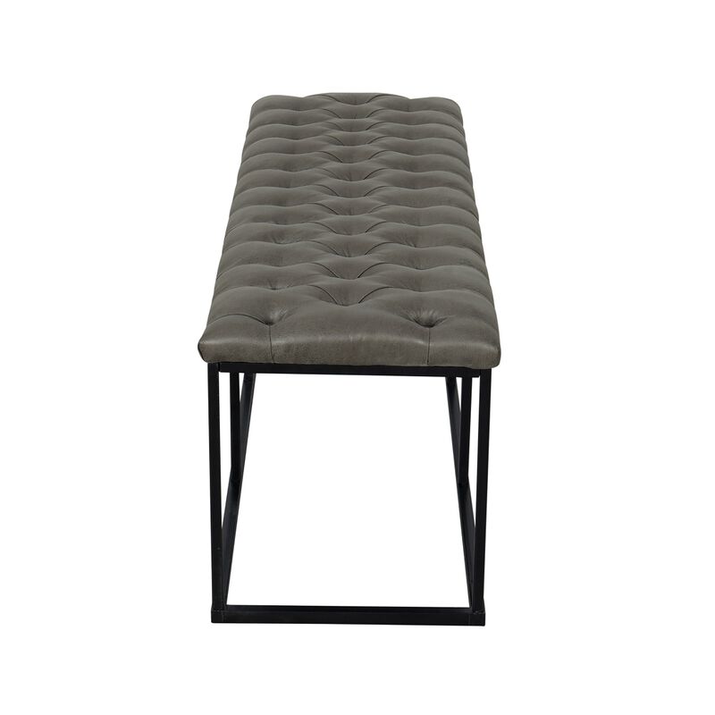 Ali Bench, Open Metal Frame, Gray Tufted Faux Leather 52 Inch - Benzara