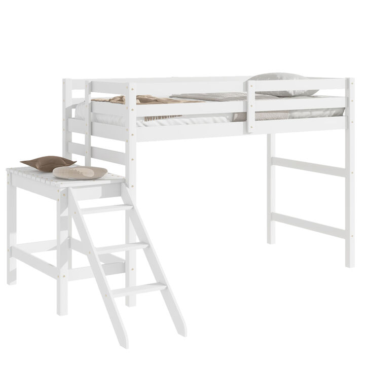 Twin Loft Bed with Platform, ladder, White