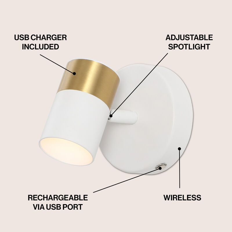 Paola 6" 1-Light Modern Adjustable Head Integrated Dimmable LED Rechargeable Wall Spotlight with Touch Sensor