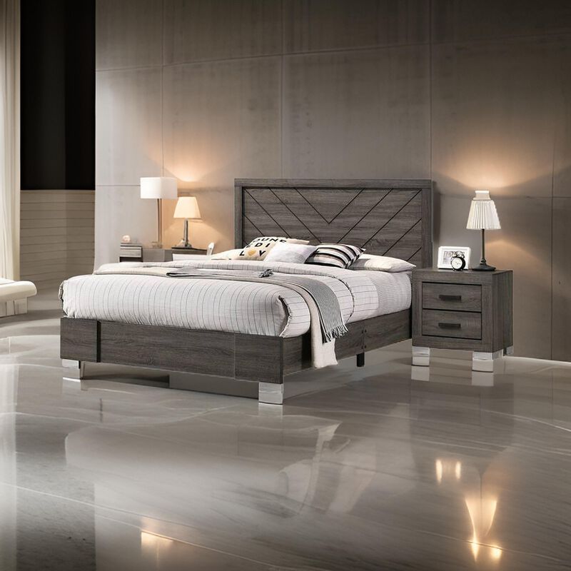 Lola Classic Queen Size Bed, Wood Grain, Strong Block Legs, Taupe Brown - Benzara