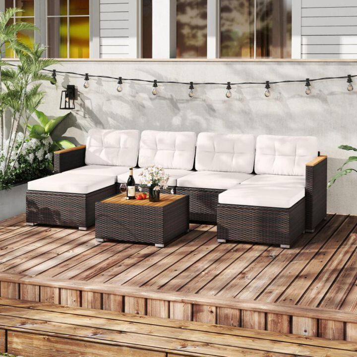 Hivvago 7 Pieces Wicker Conversation Set with Wood Armrests for Backyard