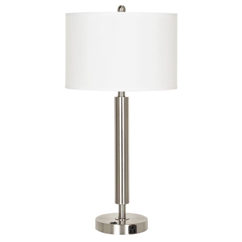 Metal Table Lamp with Fabric Drum Shade, White and Silver - Benzara
