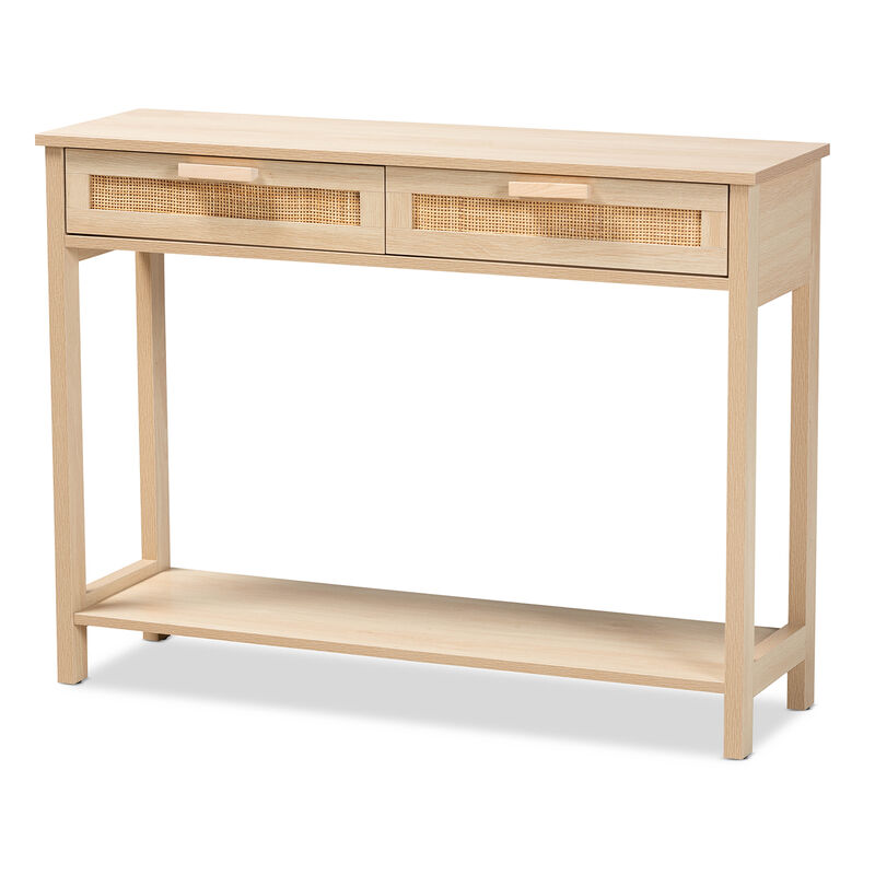 Baxton Studio Sebille Mid Century Light Brown Finished 2 Drawer Console Rattan Table image number 0