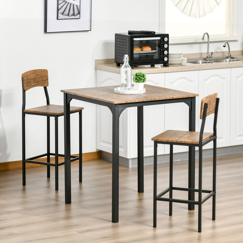 HOMCOM Counter Height Bar Table Set for 2, Square Kitchen Table and Chairs Set with Footrest, Metal Legs, Industrial Dinner Table Set for 2, Black