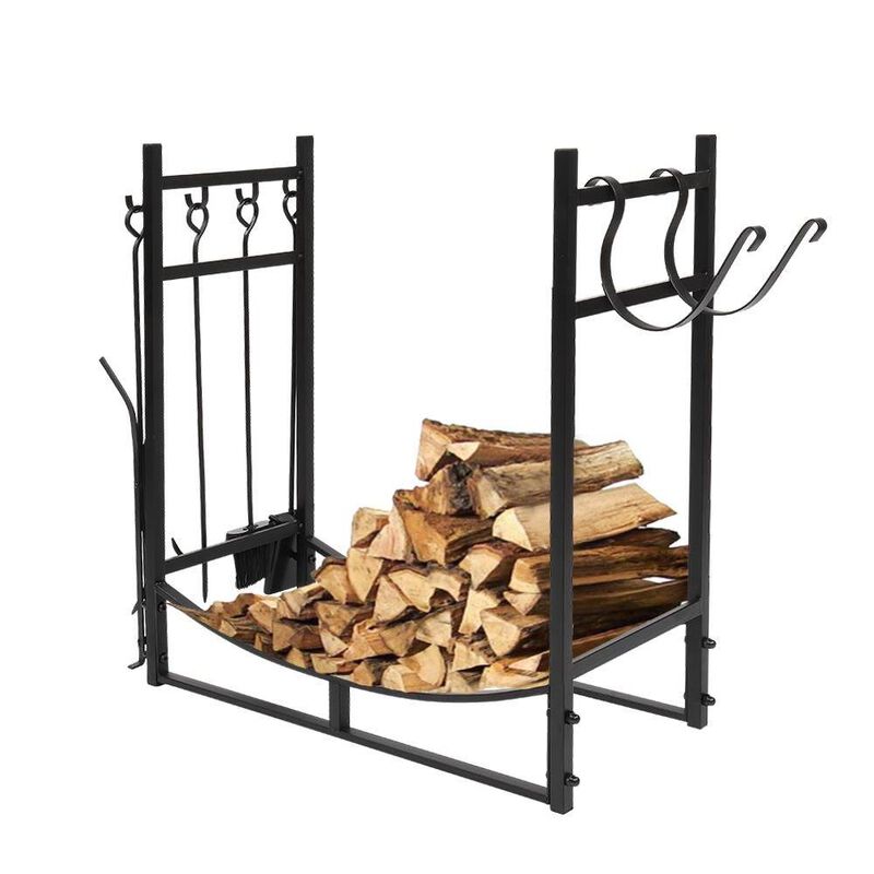Hivvago Black Metal Firewood Holder Log Rack with Poker Shovel Tongs and Broom