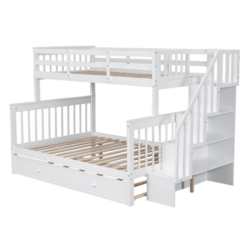 Twin Over Full Bunk Bed With Twin Size Trundle, Storage And Guard Rail For Bedroom