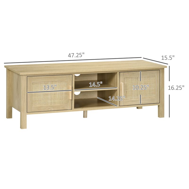 Boho TV Stand for 60 Inch, Entertainment Center with Rattan Door, Adjustable Shelf and Storage Cabinets, Wood