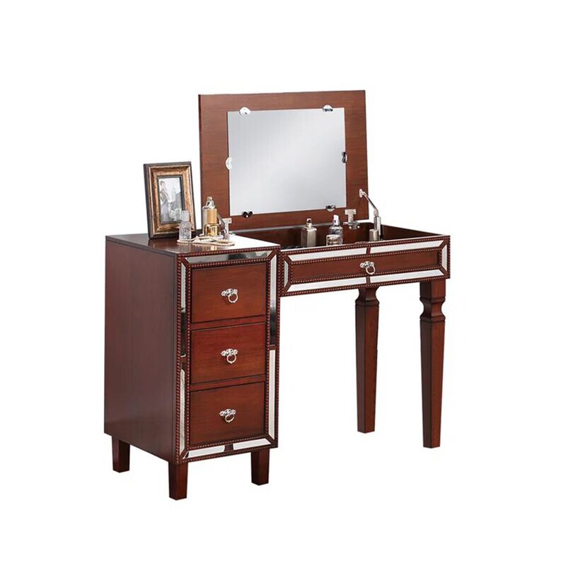 Sosi 47 Inch Vanity Desk Set with Stool, 3 Mirror Inlaid Drawers, Brown-Benzara