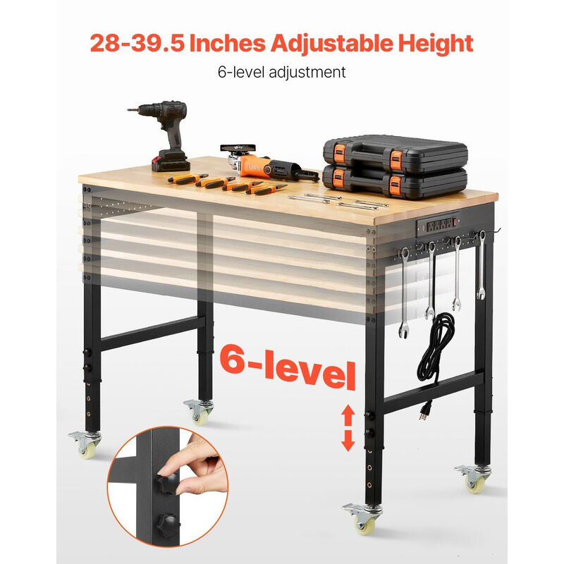Adjustable Workbench with Power Outlet, Pegboard and Wheels Heavy Duty Wood Top image number 7