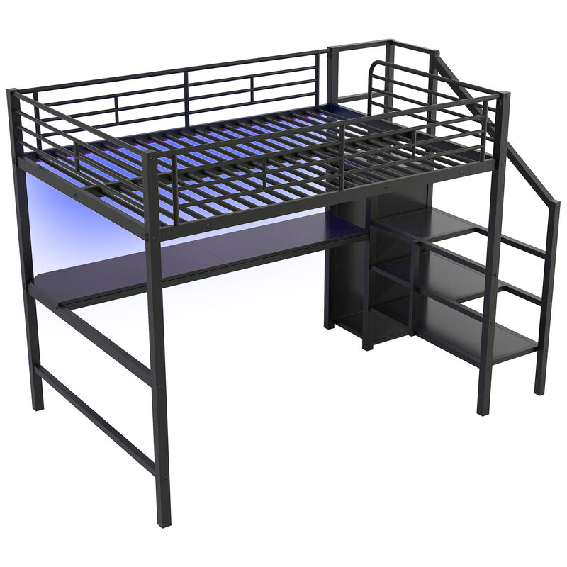 Merax Metal Loft Bed with Desk, Storage Staircase, Small Wardrobe and LED Light,Black