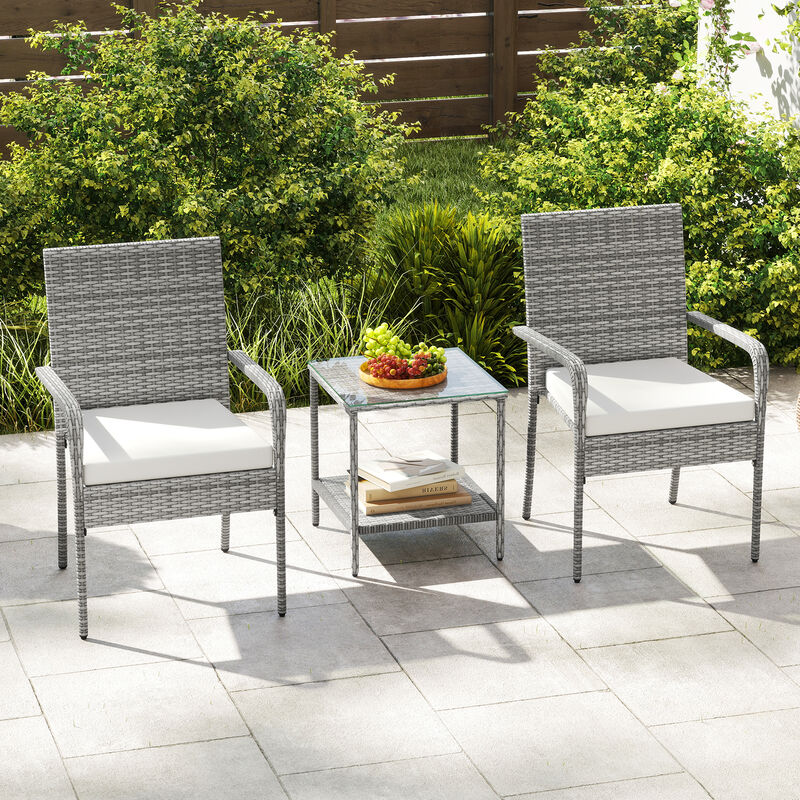 3 Piece Balcony Patio Furniture Set with Seat Cushions and Tempered Glass Tabletop image number 5