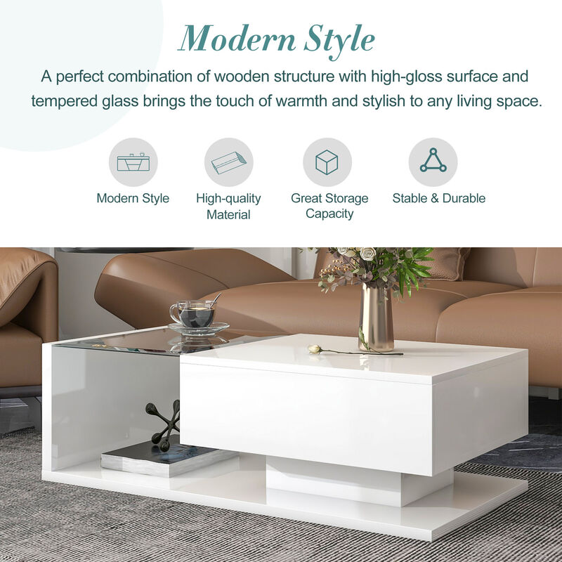 Merax Modern Coffee Table with Tempered Glass
